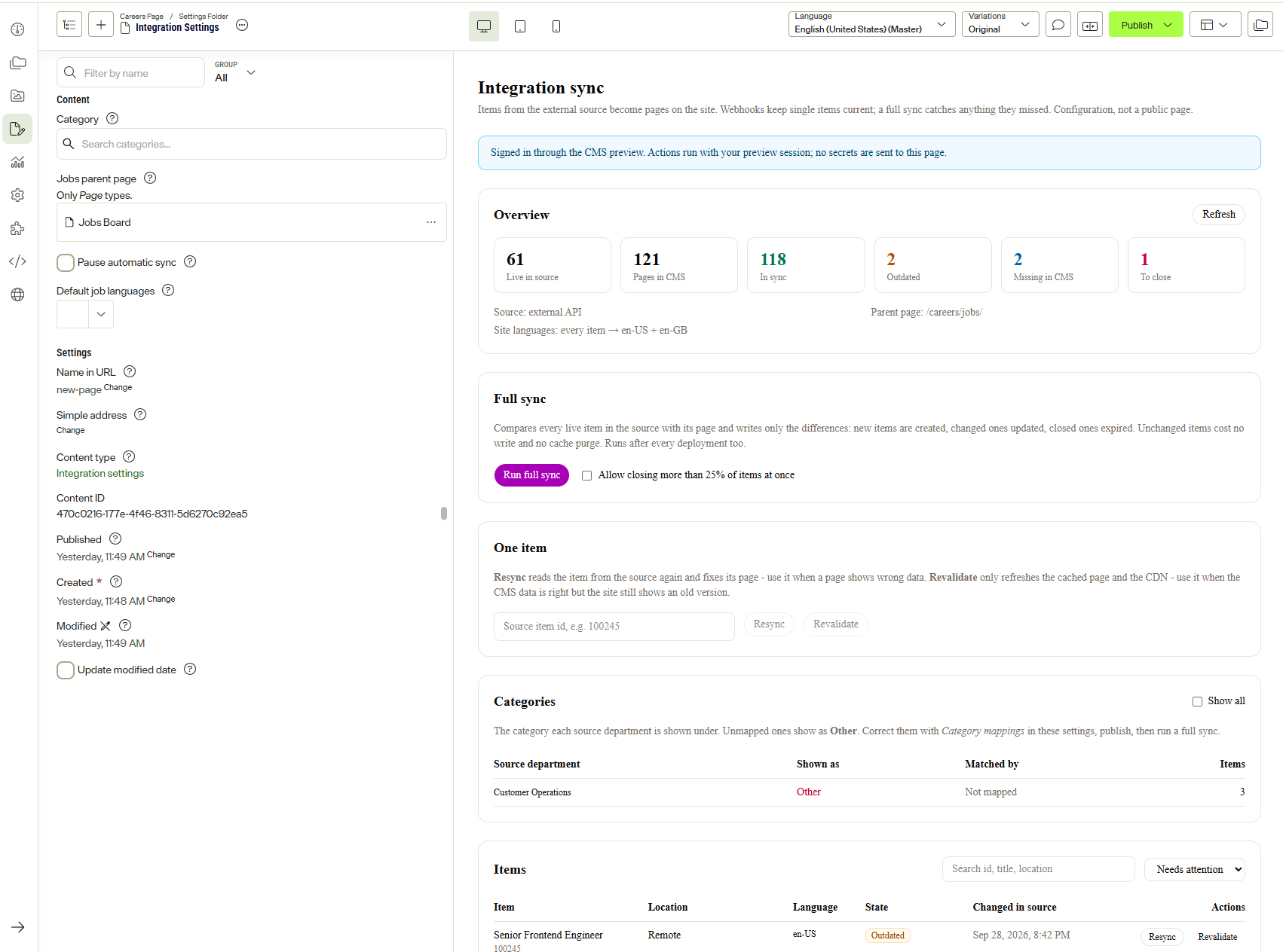 The Integration Settings item open in Optimizely CMS: editable settings on the left, and a preview rendered as an admin panel with sync overview counters, a full sync button and single-item resync and revalidate actions